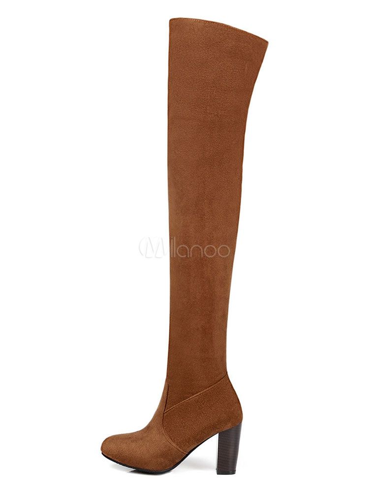 Women Suede Boots High Heel Over Knee Boots Brown Round Toe Thigh High Boots | Milanoo