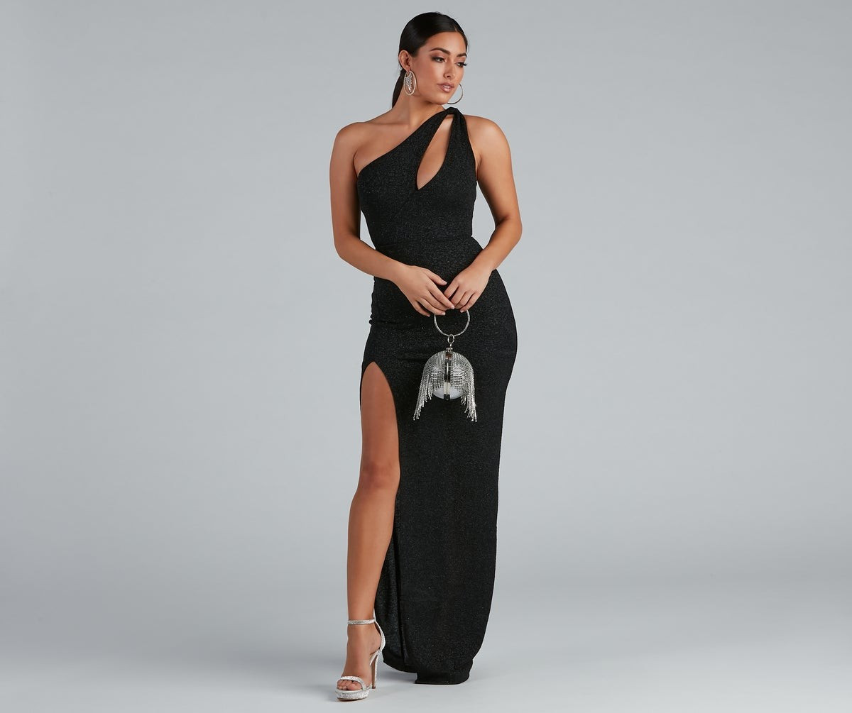 Evette Glitter One-Shoulder Slit Formal Dress | Windsor Stores