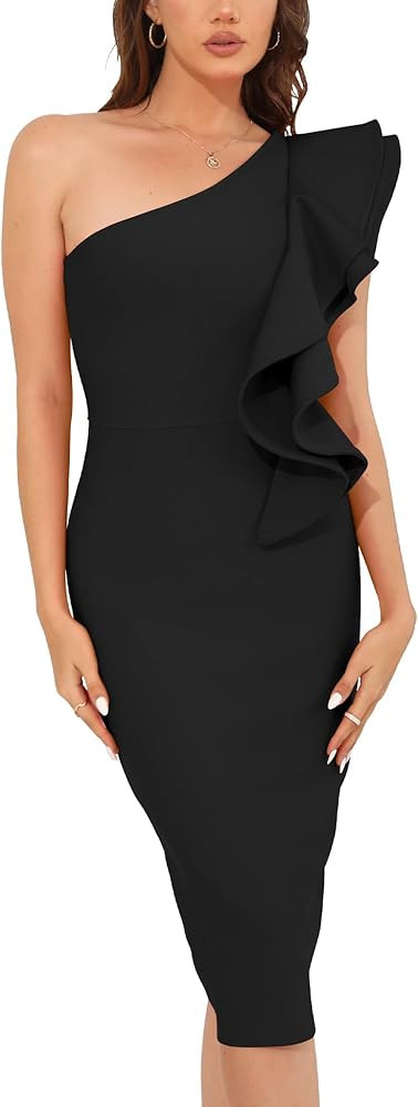 Womens Bodycon Midi Dresses Elegant One Shoulder Ruffle Bandage Wrap Dress Formal Cocktail Weddin... | Amazon (US)