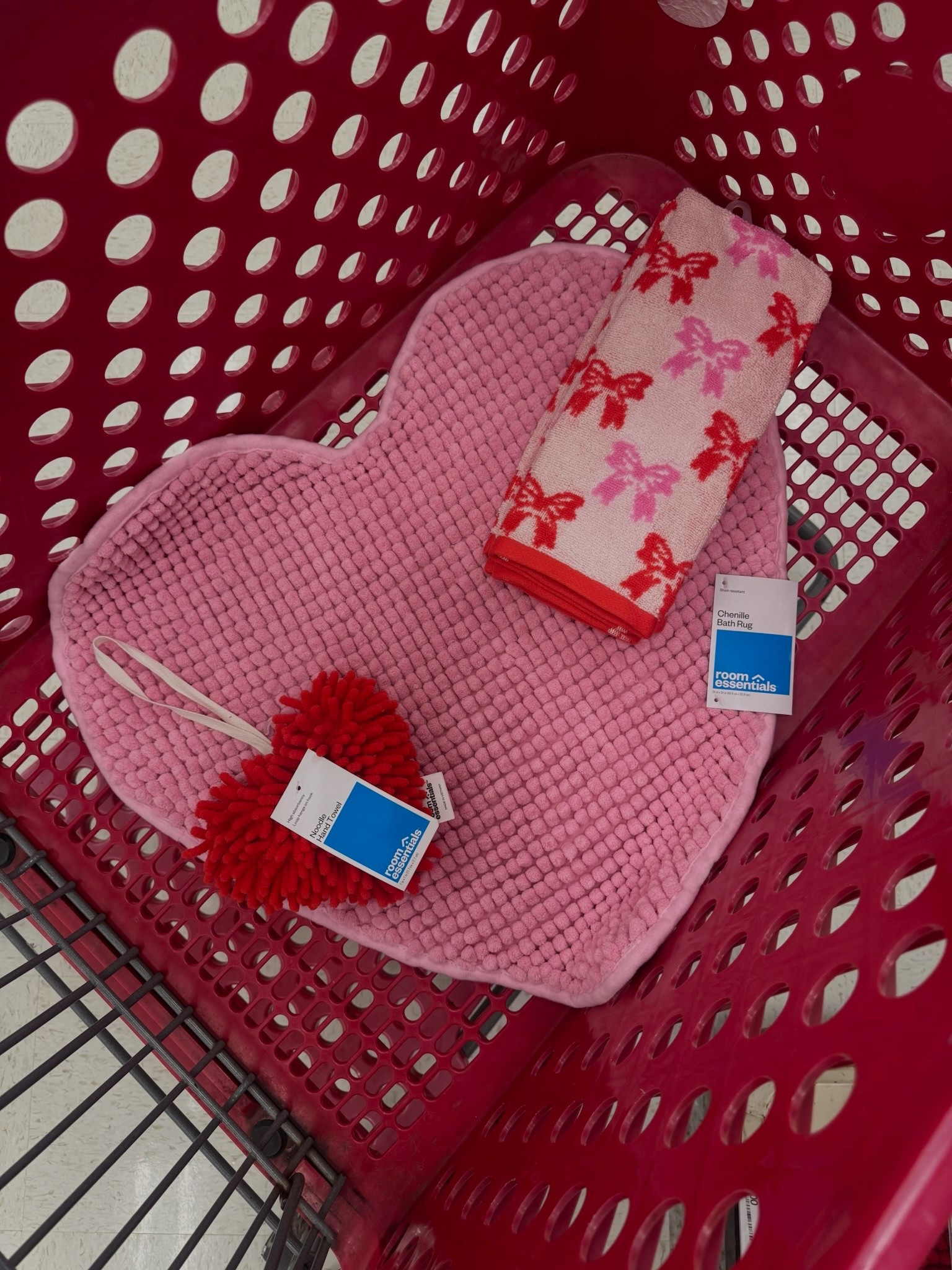 Valentine’s day  bathroom home decor • pink bath mat, red and pink bow hand towel and a red noodle hand towel 

#LTKmomlife #LTKHome #LTKFindsUnder50