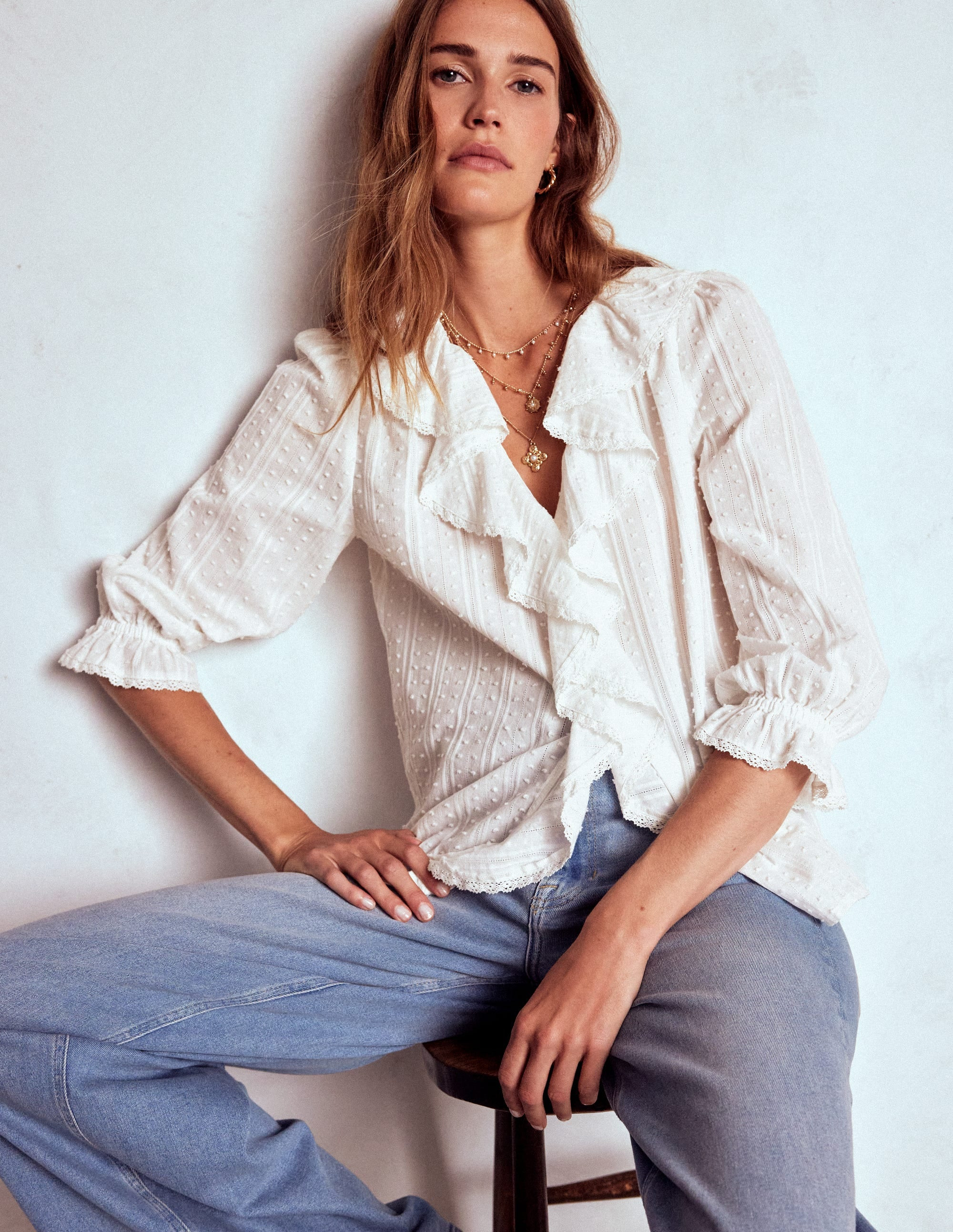 Ruffle V Neck Blouse White Women Boden | Boden (US)