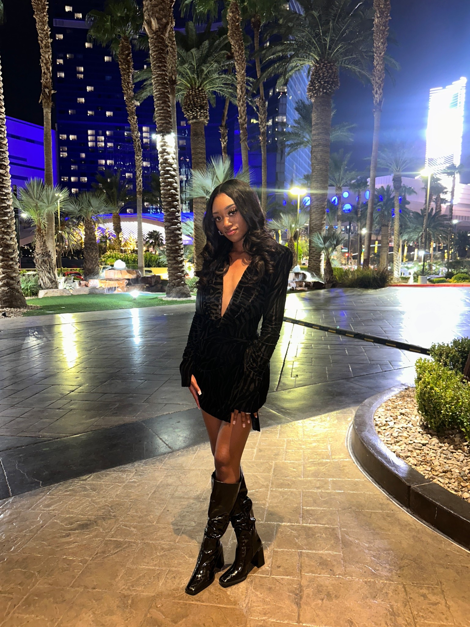 All black Leopard print plunge dress with black snakeskin boots, perfect for girls trip or girl night out! #snakeskinboots #black outfit #allblack #girlstrip #plungedress #mididress

#LTKStyleTip #LTKPetite