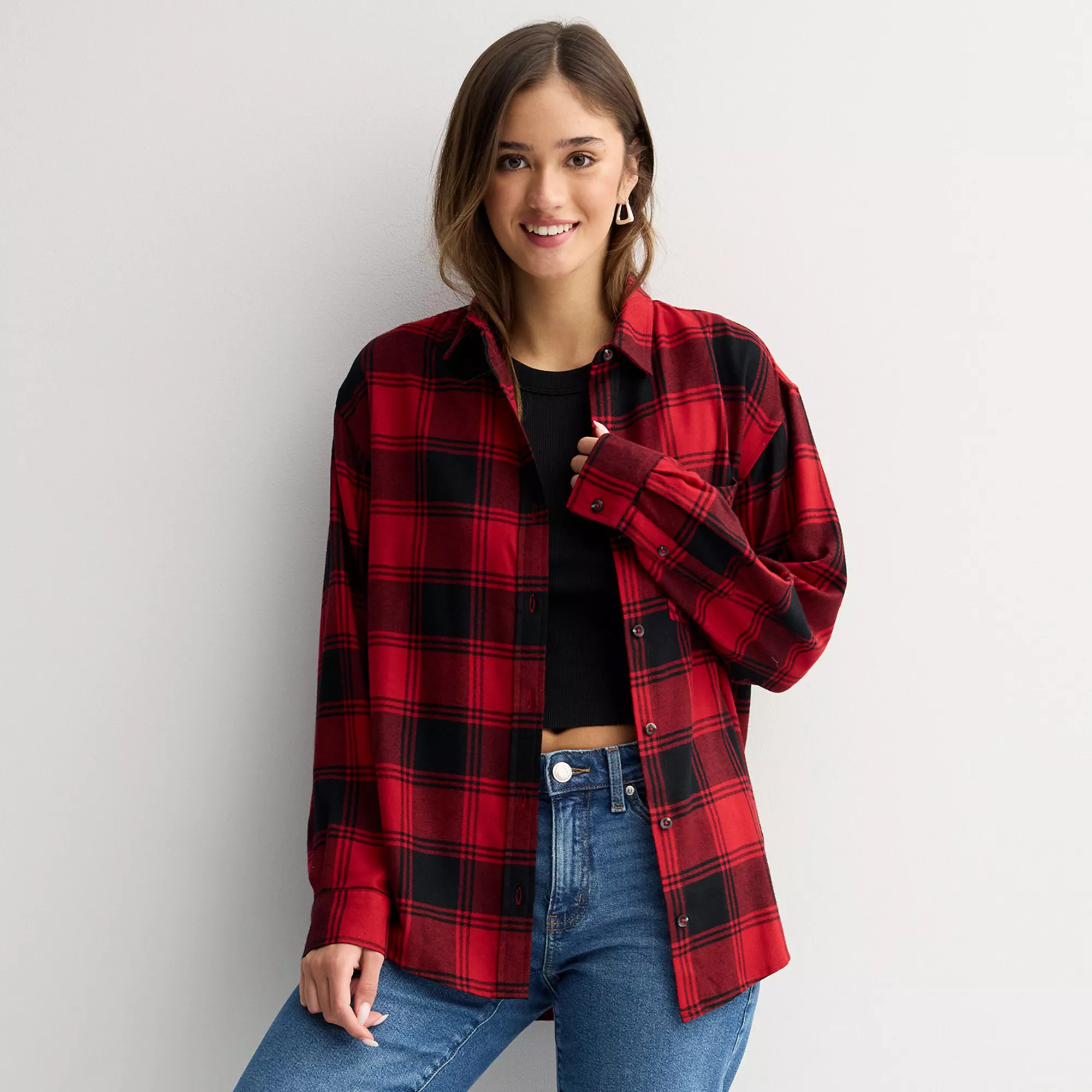 Juniors' SO® Boyfriend Button-Front Flannel Shirt | Kohl's