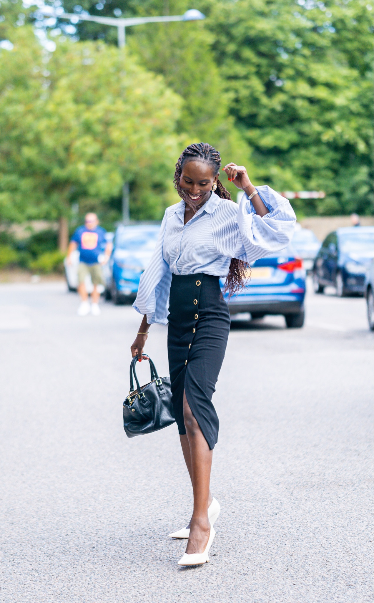 Summer workwear, wearing a blue striped shirt and black skirt.

Linking similar skirt style below 

#LTKeurope #LTKstyletip #LTKworkwear