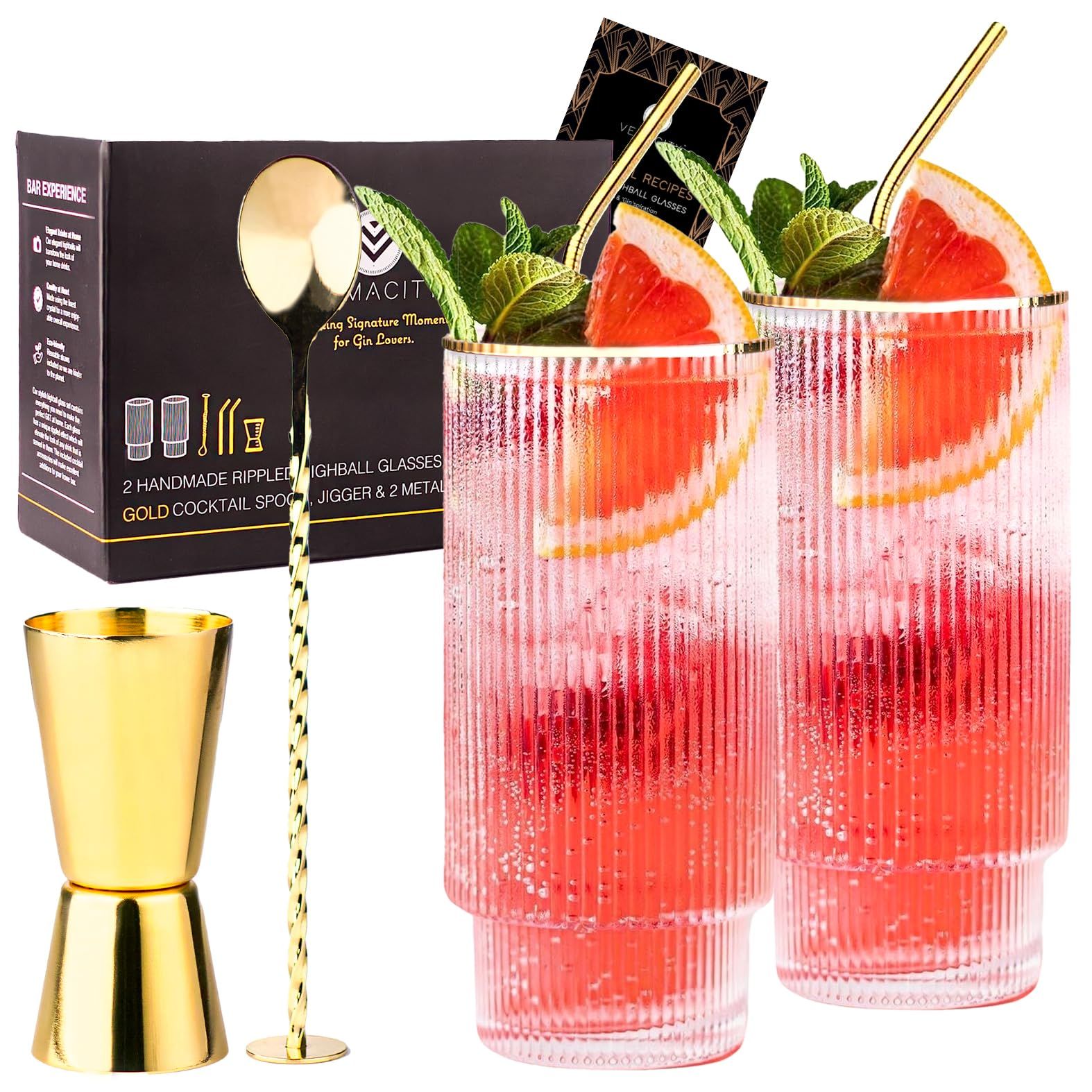 Highball Gin Glasses Set of 2 |Ribbed Gin Glass Gift Set w/ Gold Rims & Accessories | Cocktail Gl... | Amazon (UK)