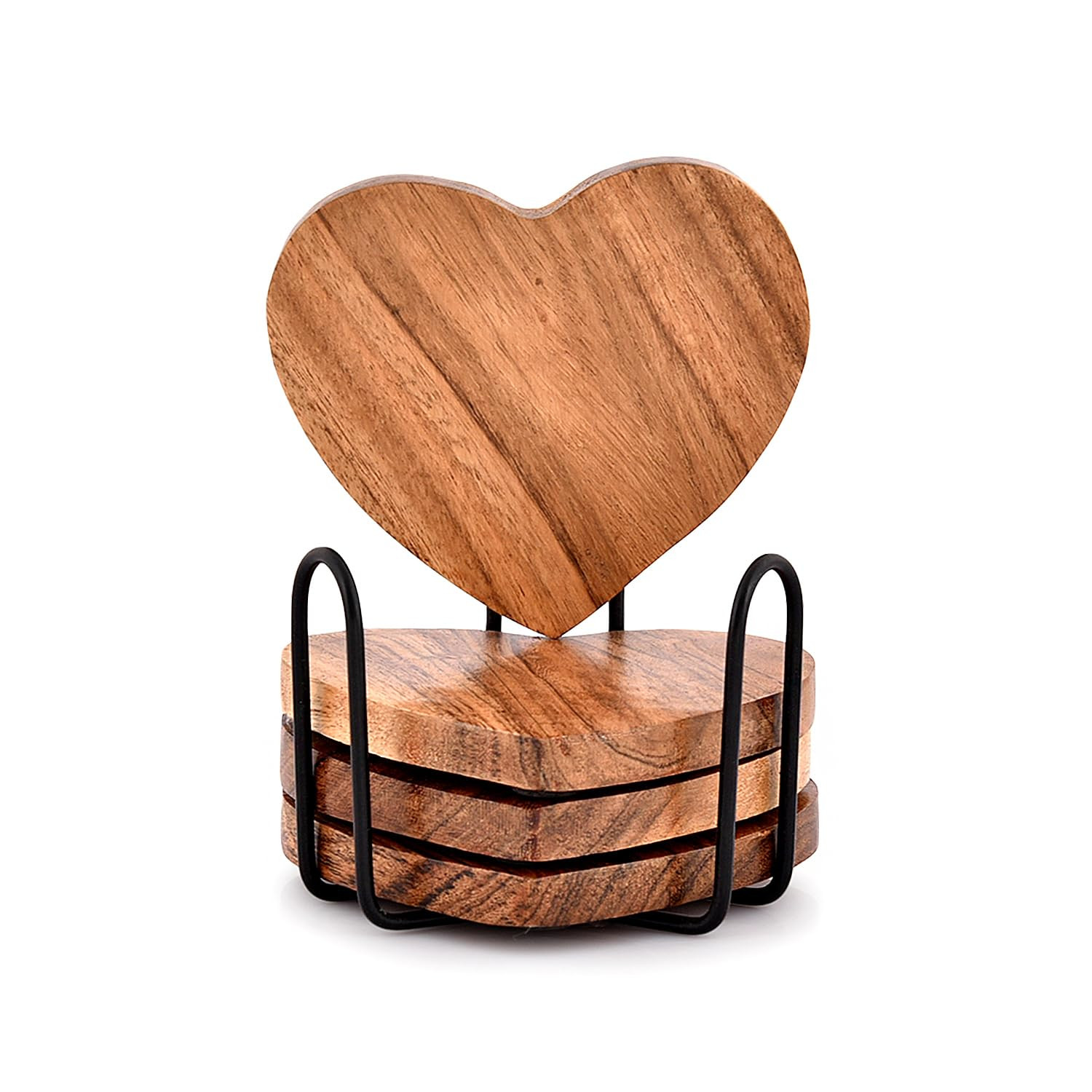 Samhita Acacia Wood Heart Shape Coaster Set of 4 with Iron Holder for Coffee Table Décor Housewa... | Amazon (US)