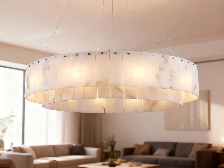 Alabaster Chandelier D31in Spanish Natural Marble Round Chandeliers, 2 Tiers Modern Living Room C... | Amazon (US)