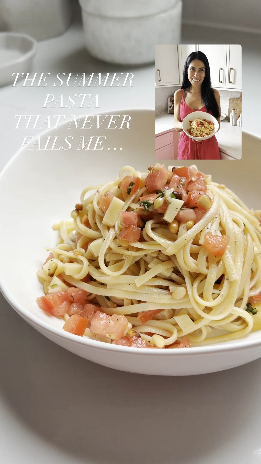 This Summer Pasta has been a favorite in my family forever! You only cook the pasta and mix it in with a fresh bruschetta! Here are the details! 
Summer Pasta 
Ingredients:
• 1 lb linguini
• 3 large tomatoes, diced small
• 1/2 cup fresh basil, sliced thin
• 8 oz Parmigiano Reggiano or Parmesan, cubed small
• 4 garlic cloves, minced
• 1/2 cup olive oil
• 1/2 cup pine nuts, toasted
• 1/2 tsp salt
• 1/4 tsp black pepper
Instructions:
Bring a large pot of salted water to a boil and cook linguini “al dente” according to package directions.
While the pasta cooks, toast pine nuts in a pan over medium heat until golden, stirring often. In a large bowl add tomatoes, basil, Parmesan, garlic, pine nuts, salt, and pepper to the bowl. Toss to combine.
Drain the hot pasta and immediately add it to the tomato mixture. Add olive oil and mix well until everything is evenly combined and the cheese starts to soften.
Serve warm with an extra drizzle of olive oil on top.

#LTKSeasonal #LTKfoodie #LTKstorytime