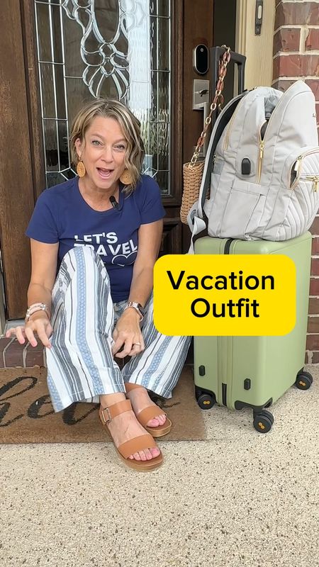 Travel outfit comfortable pants, vacation outfit idea for Spring, backpack is 15.6 version. I’m wearing Large and am 5’8” size 10. Shirt is medium, sandals tts #traveloutfit #vacationoutfit Shirt is old Amazon. #amazon 

#LTKsalealert #LTKshoecrush #LTKtravel