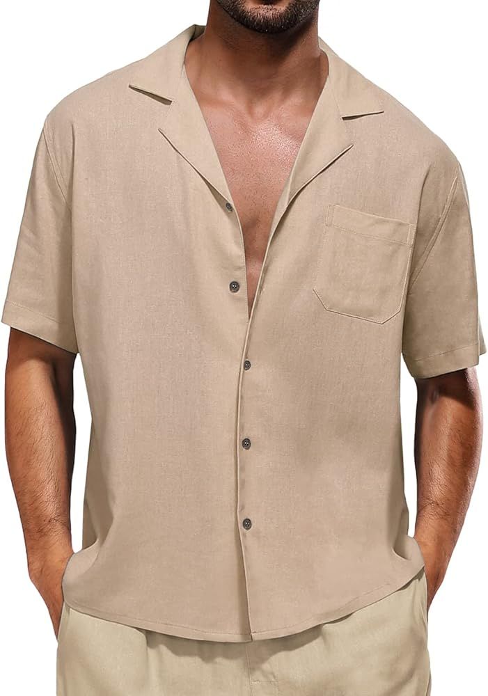 LecGee Men's Cotton Linen Shirt Casual Button-Down Short Sleeve Cuban Camp Collar Shirt Beach Sol... | Amazon (US)