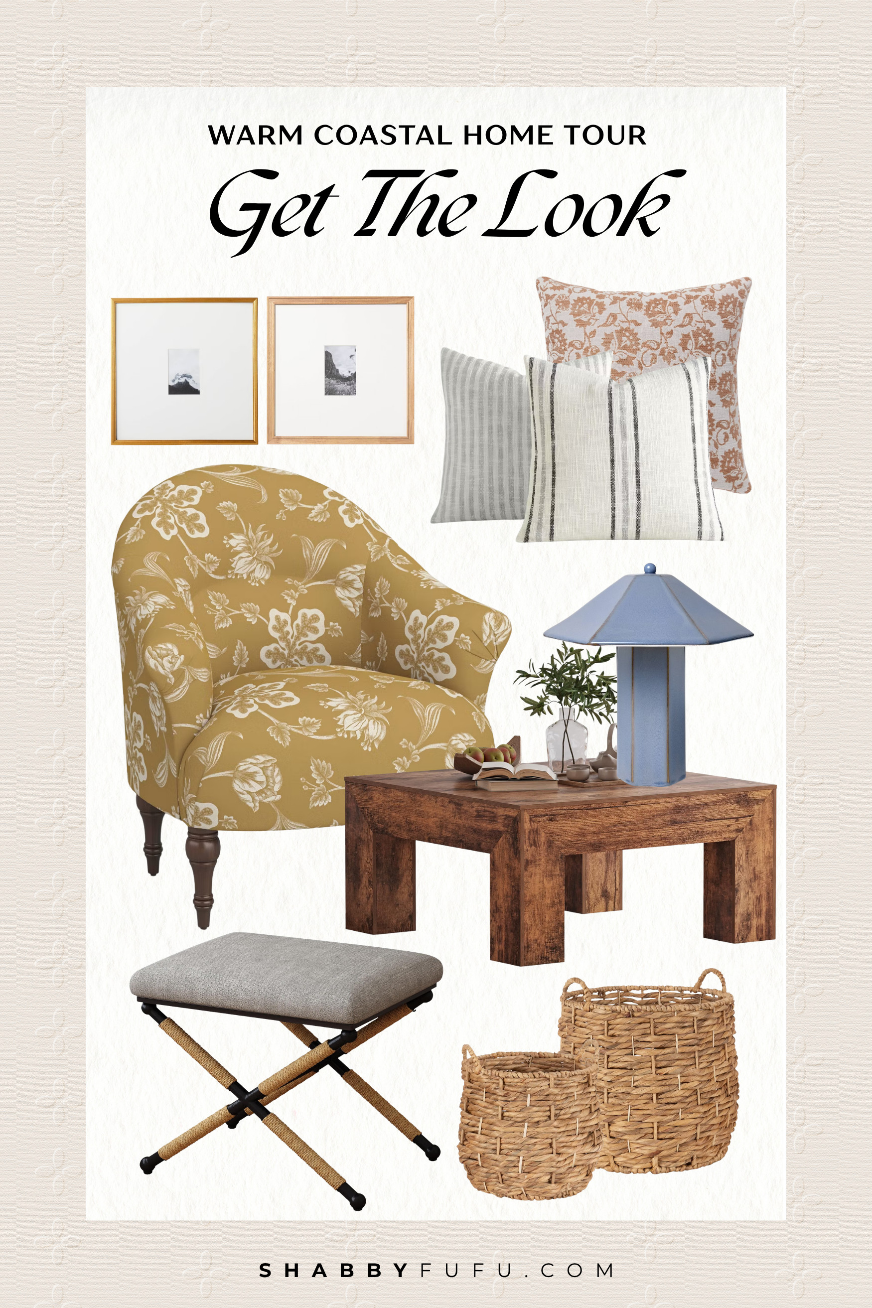 Proof that a beach house palette can lean warm. Ochre florals, grain sack stripes, aged wood, and plenty of woven texture. All inspired by the Sag Harbor home tour I shared on the blog today! 

 #LTKSeasonal #LTKU #LTKHome