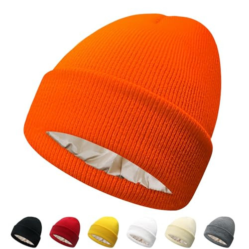 PFFY Satin Lined Beanie for Women Silk Lining Soft Winter Hats Reduce Frizz Knit Beanies Warm Skull Cap Orange | Amazon (US)