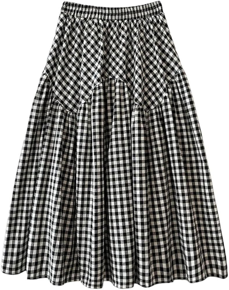 Women's Vintage Plaid High-Waisted Slim A-Line Skirt Patchwork Loose Long Skirts | Amazon (US)