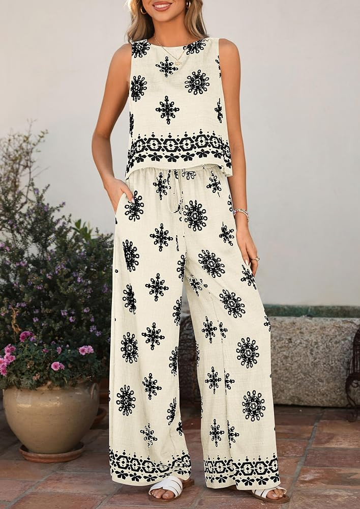 PRETTYGARDEN Women's 2026 Summer 2 Piece Lounge Sets Boho Floral Tank Tops Flowy Wide Leg Pants T... | Amazon (US)