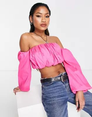 Bershka volume sleeve bardot top in pink | ASOS (Global)