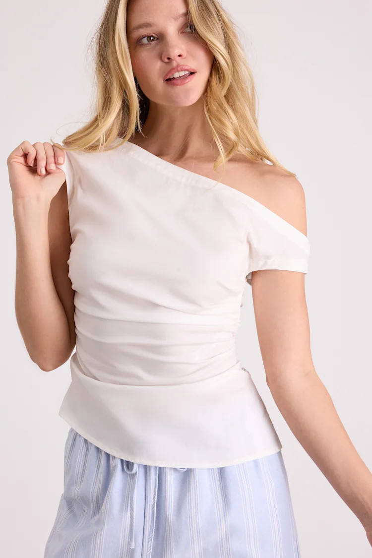 Debonair Ivory Poplin Ruched Asymmetrical Top | Lulus