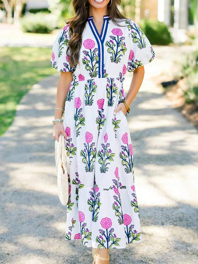 White floral pastel sleeve v-neck maxi dress  | SHEIN
