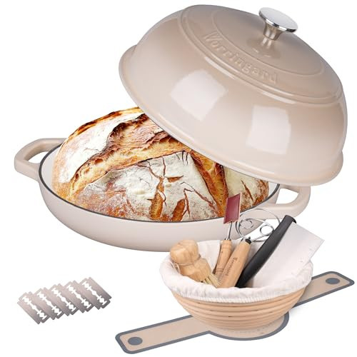 VORRINGARD Enameled Cast Iron Dutch Oven Pot with Lid, Bread Oven for Sourdough Bread Baking, Dutch Ovens with Bread Proofing Basket& Baking Supplies Set, 6 Quart, Latte | Amazon (US)
