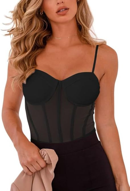 REORIA Women's Trendy Sexy Mesh Sheer Spaghetti Strap Going Out Slimming Bustier Corset Bodysuit ... | Amazon (US)