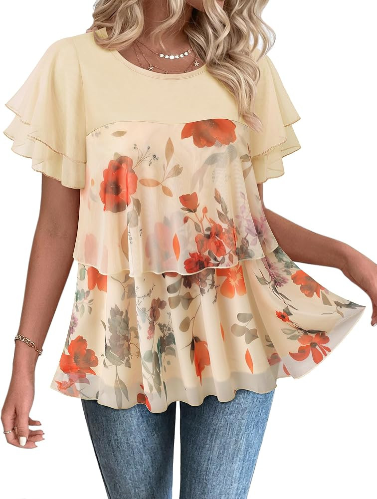 Bebonnie Womens Crew Neck Short Sleeve Summer Layers Blouses Dressy Casual Boho Tunic tops | Amazon (US)