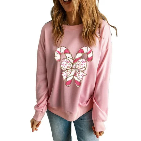 Festive Pink Sweatshirt with Candy Cane Graphics and Bow Detail - Cozy Holiday Wear - [ZhiHiMeRi] | (US 12-14)L | Walmart (US)