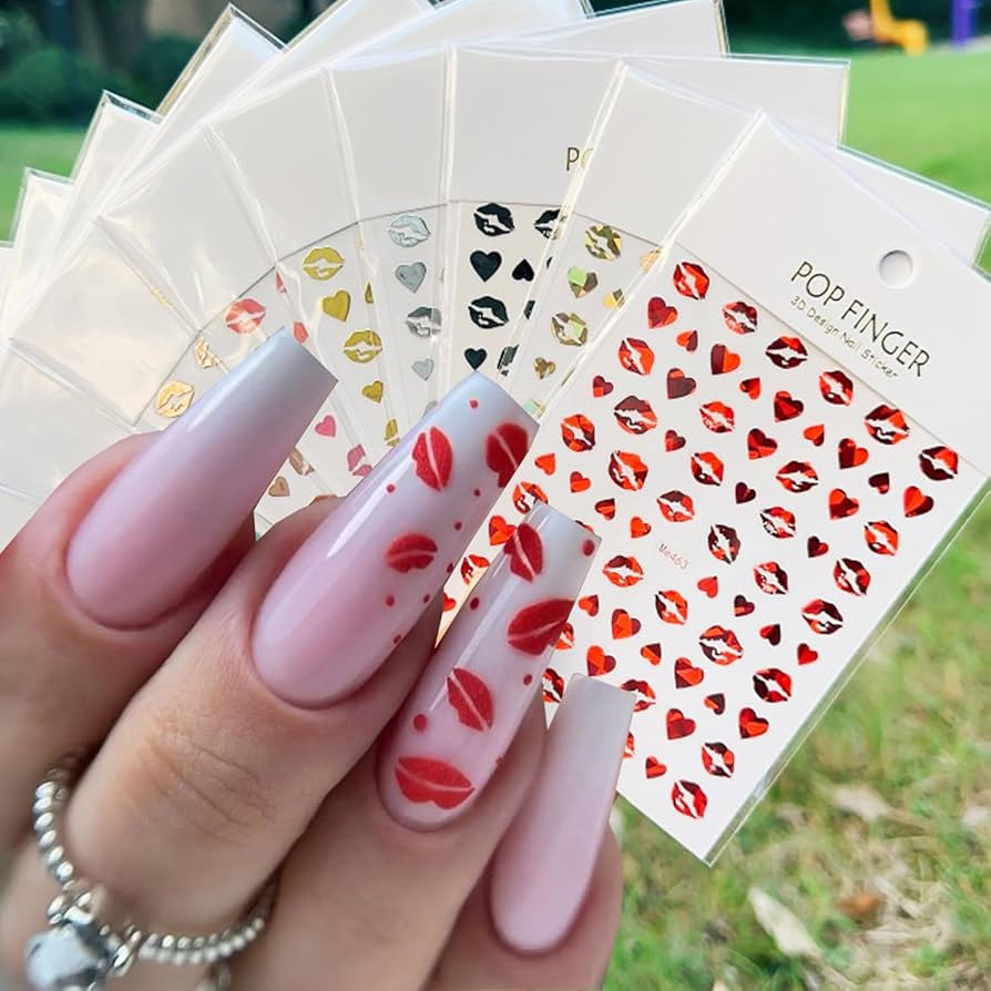 10Sheets Valentine's Day Nail Art Stickers Sexy Lips Nail Decal 3D Valentine Self-Adhesive Red Li... | Amazon (US)