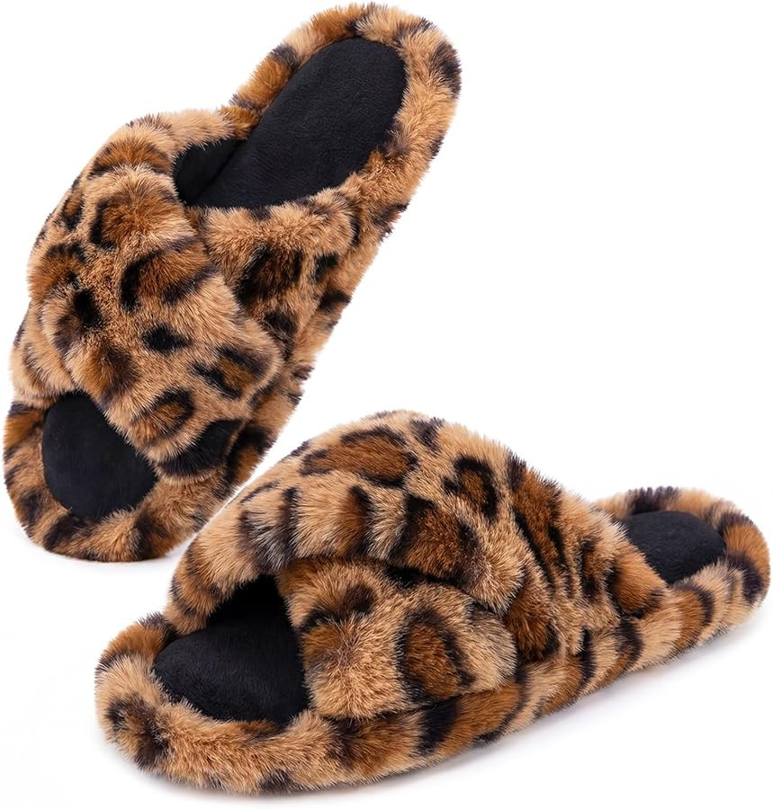 Snug Leaves Women's Fluffy Open Toe Slippers Cross Band Indoor Outdoor | Amazon (US)