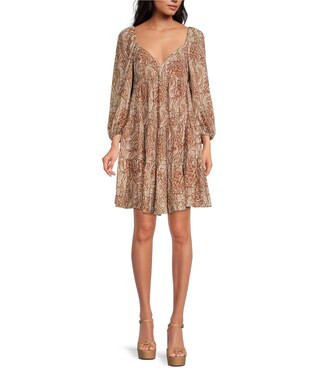 Lyla Paisley Print Georgette Sweetheart Neck 3/4 Sleeve Tiered Dress | Dillard's