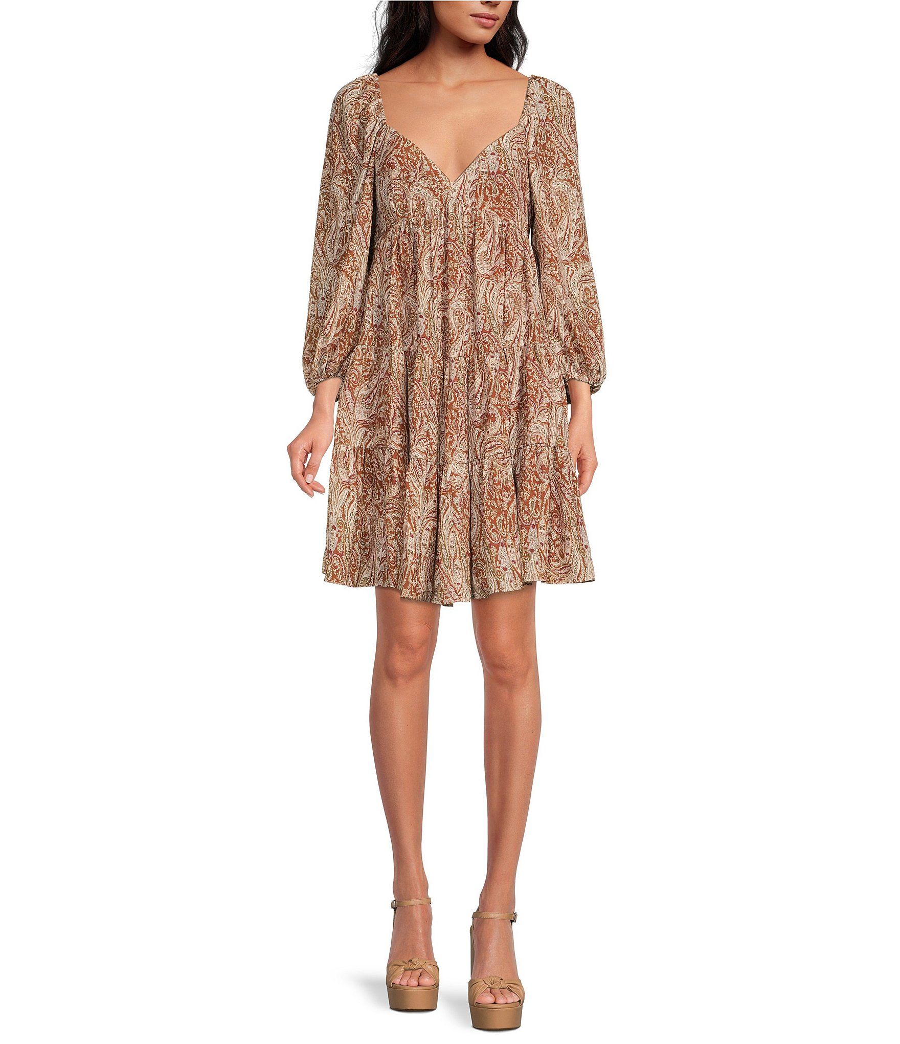 Lyla Paisley Print Georgette Sweetheart Neck 3/4 Sleeve Tiered Dress | Dillard's