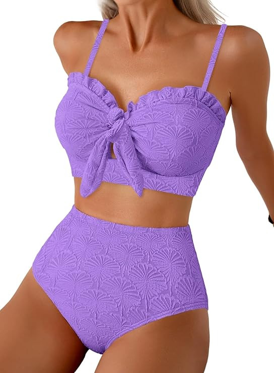Herseas Women's Seashell Textured Bikini Sets Knotted Front 2 Piece Swimsuits Ruffle Trim Bathing... | Amazon (US)