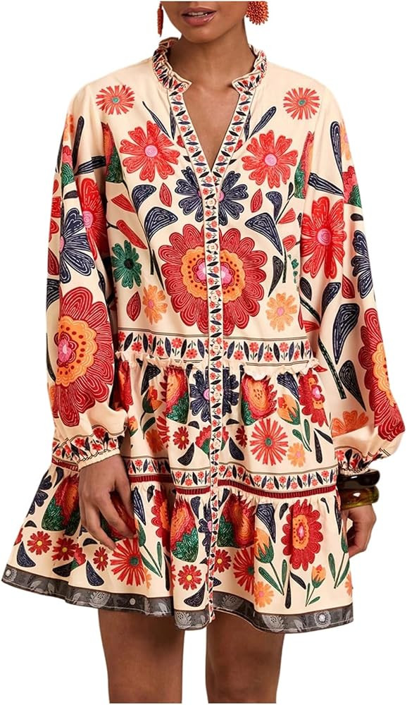 SOLY HUX Women's Floral Print Summer Short Dresses Boho Beach Long Sleeve Button Down Flowy Smock... | Amazon (US)