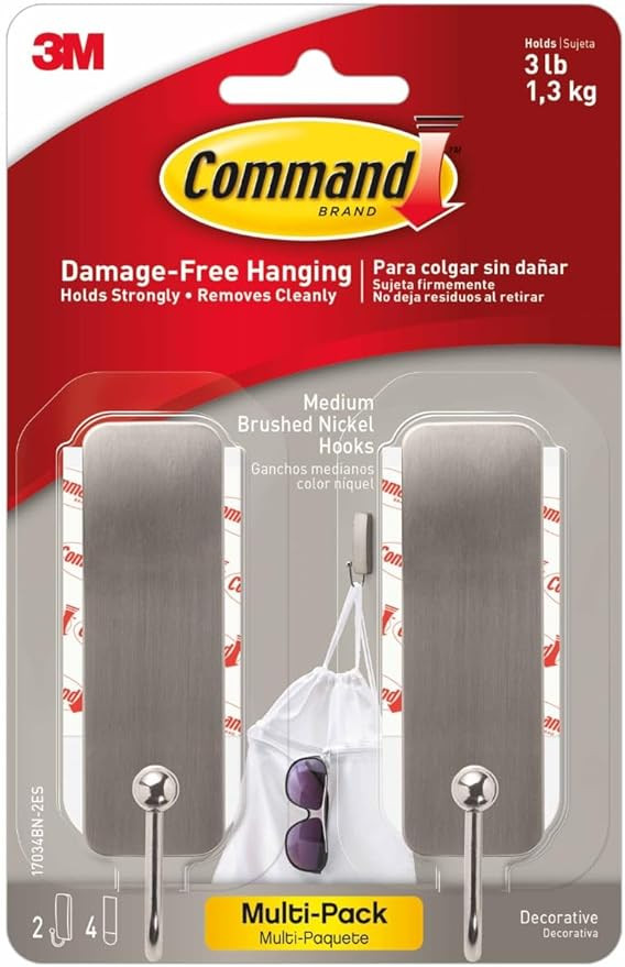 Command Medium Decorative Hooks, Brushed Nickel, 2-Hooks, 4-Strips Per Pack, Decorate Damage-Free | Amazon (US)