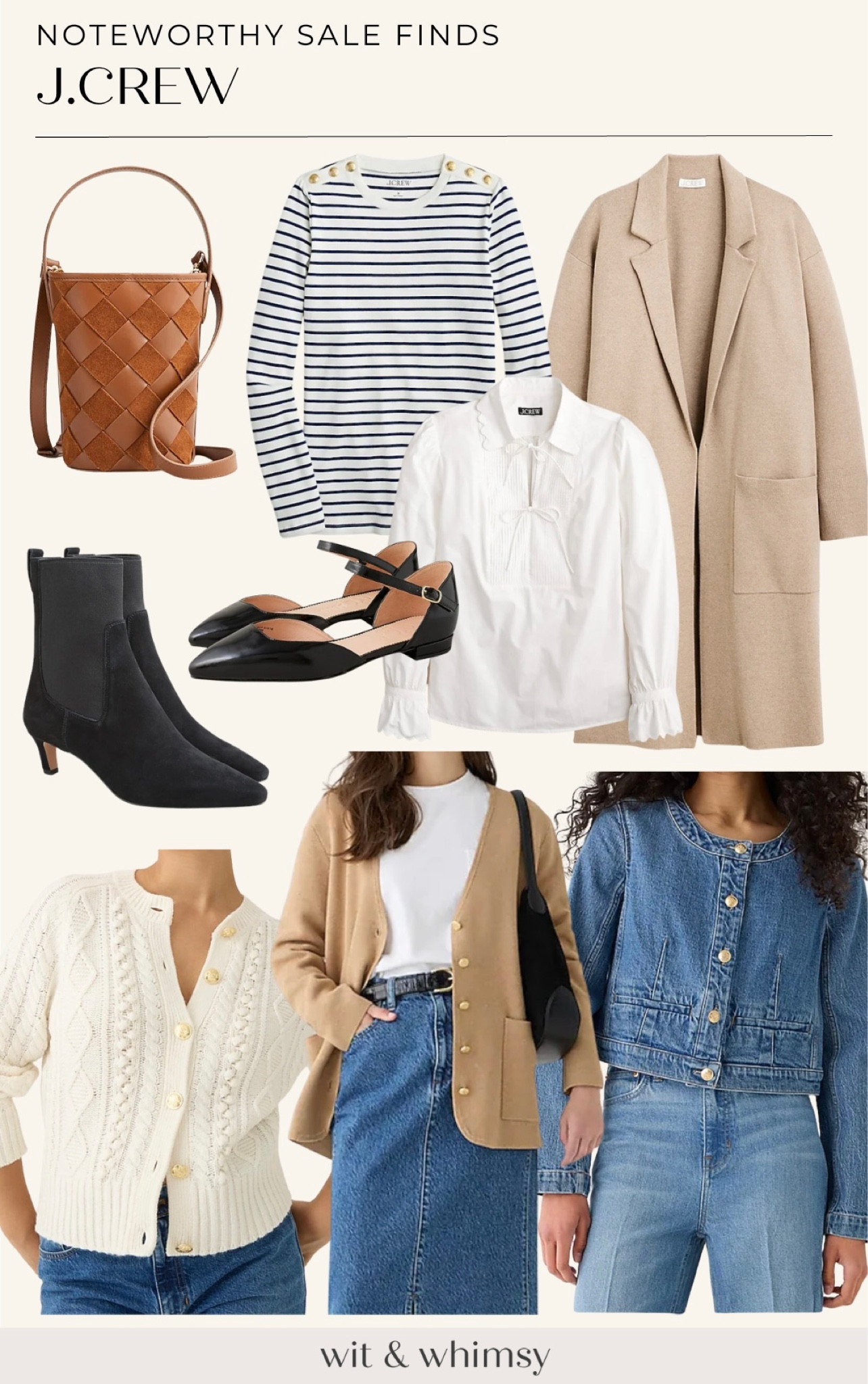 J.Crew 40% off sale picks: 
Striped shirt
Ruffle blouse
Denim jacket
Cable knit sweater 
Leather bucket bag 
Booties
Flats

Fall outfit
Classic fall style 

#LTKSale #LTKSeasonal
