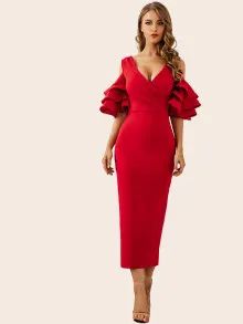 ADYCE Cold Shoulder Layered Ruffle Sleeve Slit Hem Dress | SHEIN