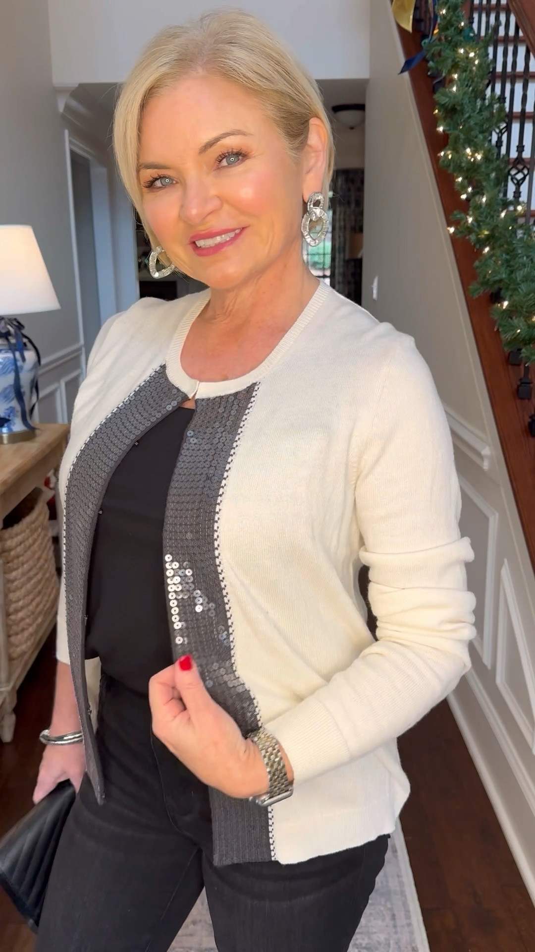 Holiday sparkle doesn't have to be red & green. This cardigan by Nic + Zoe has a subtle sequin detail in charcoal gray that pairs great with black. Add some sparkly jewelry, a clutch bag & you're ready for a party! I'm wearing the sweater & tank in Small and jeans in 4/27.

Holiday outfit
Christmas outfit
Christmas party
Party outfit
New Year's Eve outfit
Jeans

#nicandzoe
#liverpool
#stylewithserena
#fashionover50
#petitefashion

#LTKHoliday #LTKOver40 #LTKWatchNow