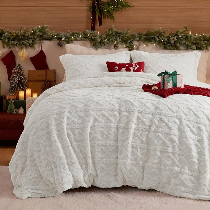 Bedsure Fluffy Flannel Duvet Cover Set for Christmas - Faux Fur Comforter Cover King Size, White ... | Amazon (US)