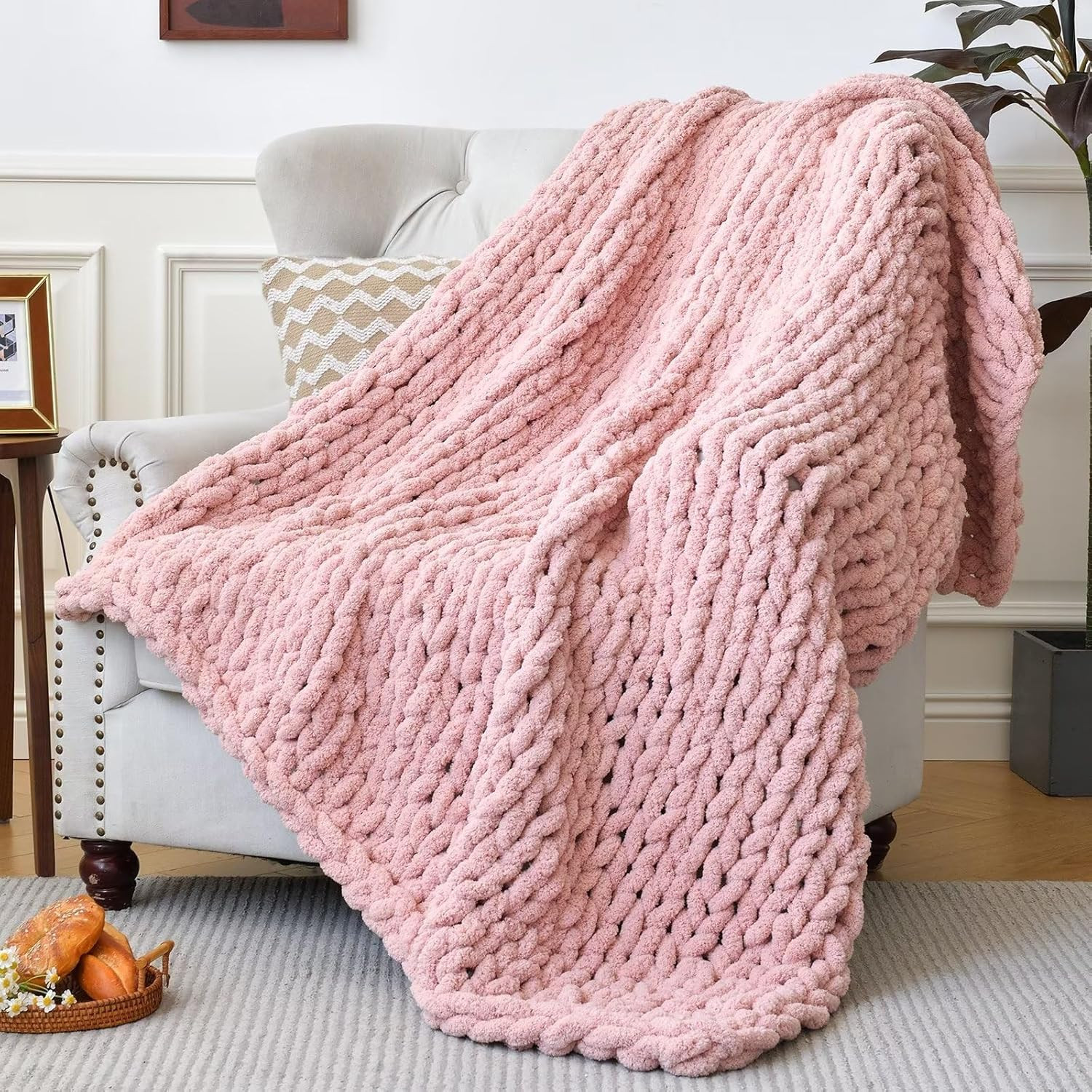 Chunky Knit Blanket 40x40 Inch Blush Pink Soft Chenille Throw Blanket, Boho Home Decor Throw Blan... | Amazon (US)