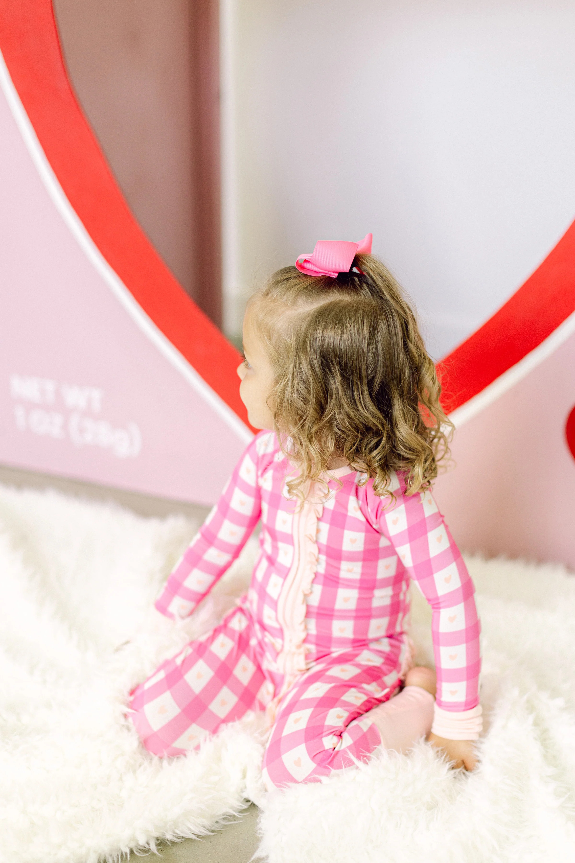 Pink Heart Check Premium Ruffle Romper | Poppy Kids Co