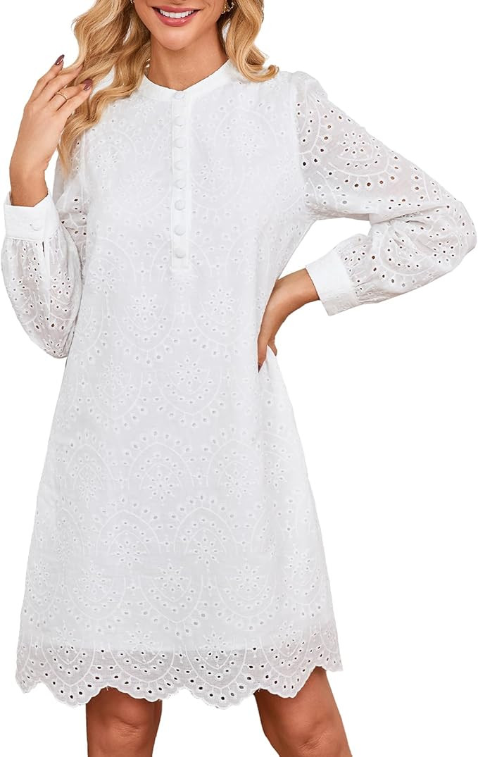 Women’s Long Sleeve Eyelet Hollow Out Mini Dress Fall Flowy Boho Crew Neck Button Down Short Sh... | Amazon (US)