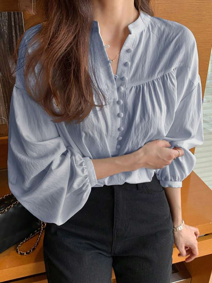 DAZY Solid Button Front Bishop Sleeve Blouse | SHEIN