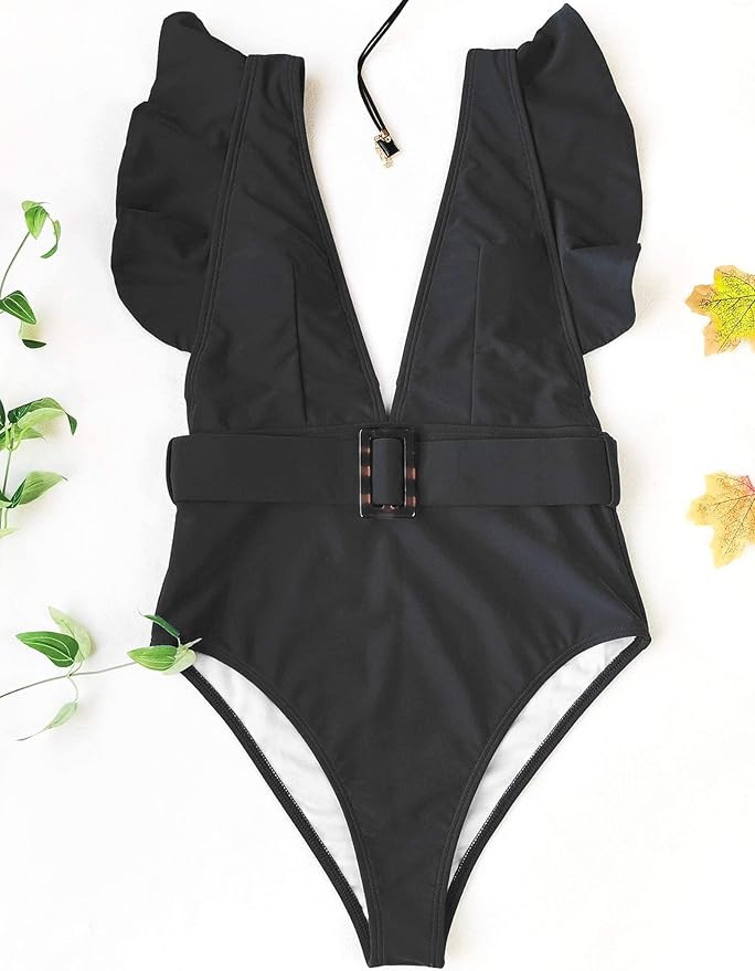 Avanova Women's One Piece Swimsuit Ruffle Deep V Neck Strappy Swimwear Bathing Suits | Amazon (US)