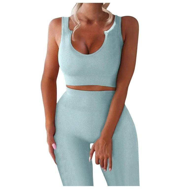 Shiusina Women Workout Sets 2 Piece Seamless Ribbed Tank High Waist Trousers Yoga Outfits Blue + ... | Walmart (US)