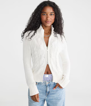 Cable Mock-Neck Full-Zip Cardigan | Aeropostale