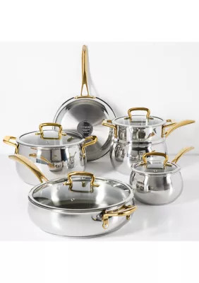 Biltmore 10-Piece Stainless Steel Cookware Set with Gold Handles, Silver | Belk