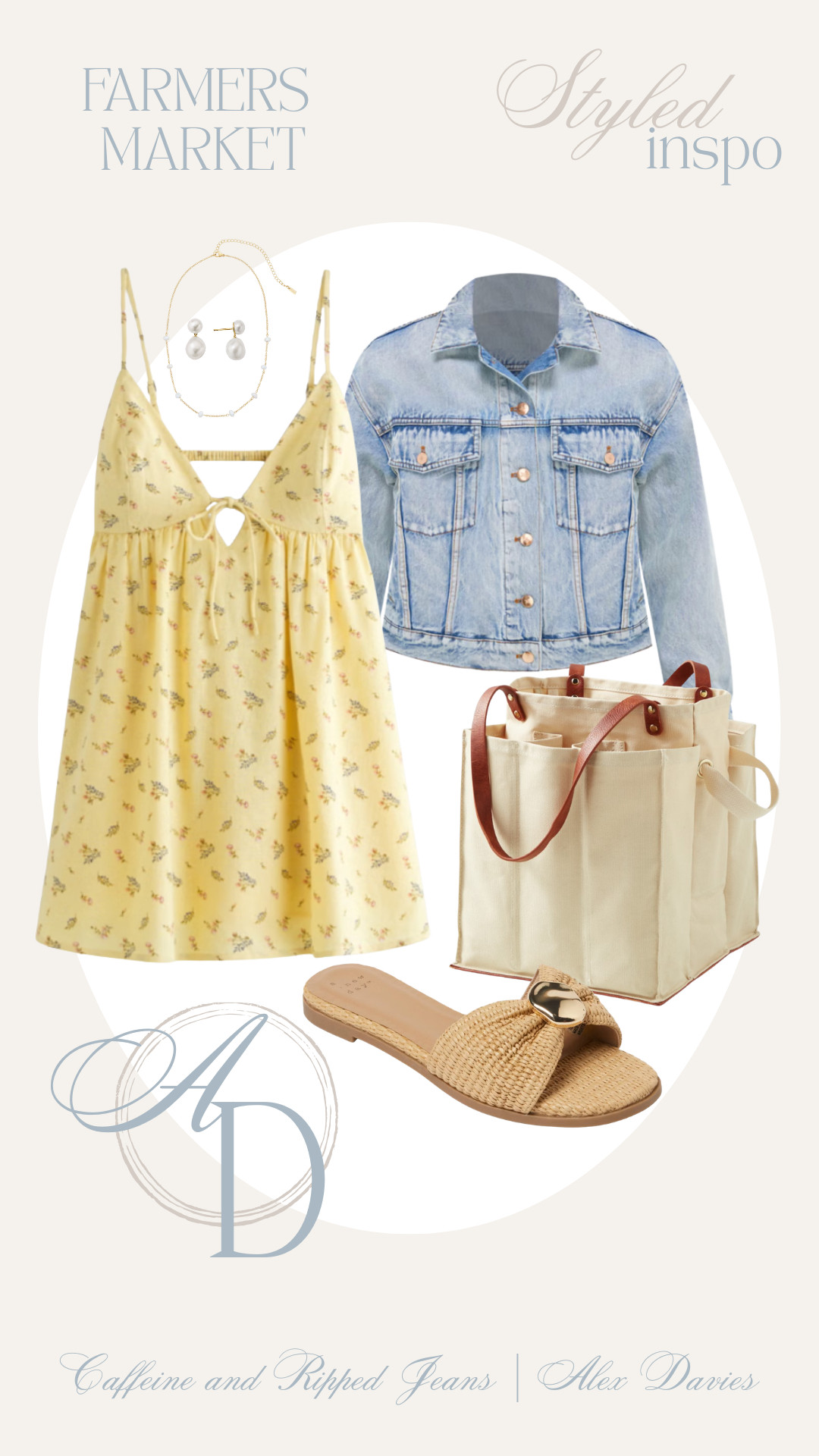 // farmers market outfit inspo // spring outfit inspo // outfit inspiration for a farmers market // sundress // denim jacket // sandals // farmers market tote //  

 #LTKdayinmylife #LTKgrwm #LTKootd