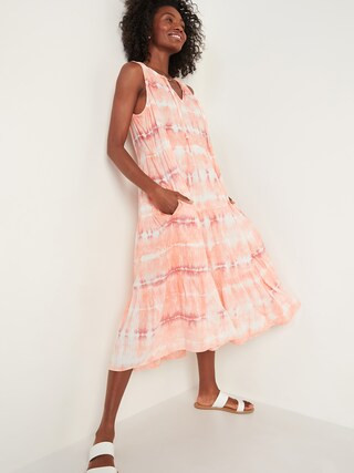Tiered Tie-Neck Tie-Dyed Midi Swing Dress for Women | Old Navy (US)