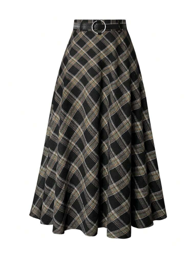 Women's Elegant Plaid Print Flare Skirt, Belt Not Included | SHEIN