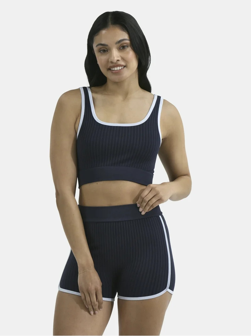 No Boundaries Seamless 2-Piece Cropped Tank Top and Dolphin Shorts with Contrast Binding, Women's... | Walmart (US)