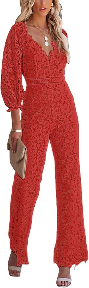 Dikonu Sexy Jumpsuit for Women Lace V Neck Long Puff Sleeve Open Back One Piece Wide-Leg Long Rom... | Amazon (US)