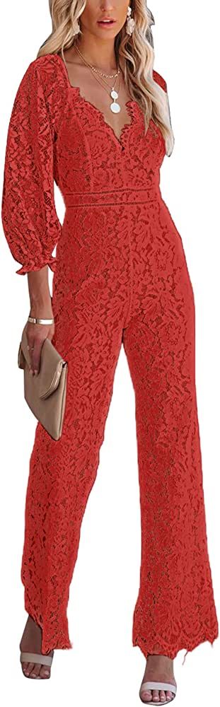 Dikonu Sexy Jumpsuit for Women Lace V Neck Long Puff Sleeve Open Back One Piece Wide-Leg Long Rom... | Amazon (US)